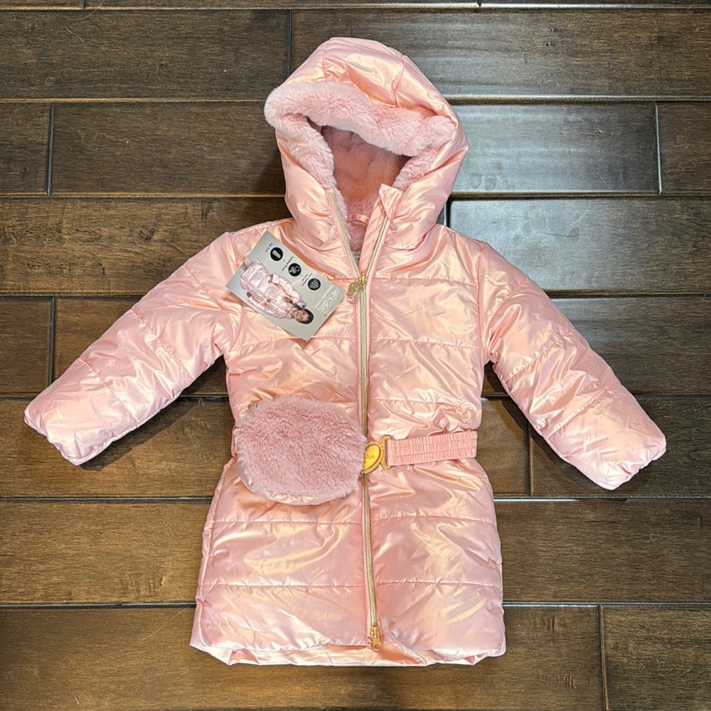 Le Chic Pink Hooded Girls Puffer Coat with Belt NWT